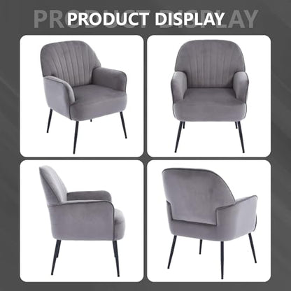 GDFStudio 25" Velvet Accent Chair with Arms and Back, Modern Shell-Shaped Upholstered Barrel Chairs, Small Comfy Reading Chair Lounge Chairs with Solid Legs for Living Room Bedroom Office Cafe, Grey - color: Grey