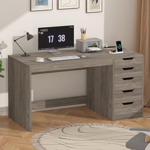 47 Inch Computer Desk with 5 Drawers and Power Outlets for Small Spaces | Home Office Desks with Storage File Cabinet and Charging Station, Modern Simple Laptop Desk Writing Table, Grey - color: Grey