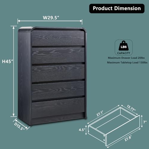 Aitjunz Modern 5 Drawers Dresser for Bedroom, 45" Tall Dressers & Chests of Drawers w/Curved Profile Design, Wood Mid Century Vertical Dresser w/Natural Texture for Bedroom, Living Room, Black - color: Black, size: 15.5"D x 29.5"W x 45.3"H (5 Drawers)