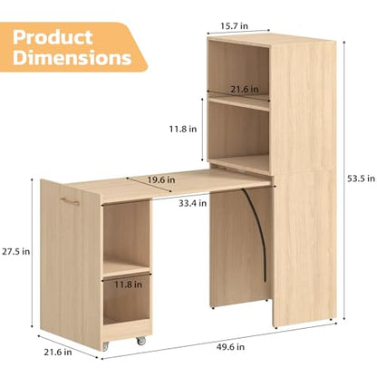 Zevemomo Folding Desk, Convertible Table with Shelves & Wheels - Beige | Folding Desk with Storage, Craft Cabinet with Fold Out Table, Compact Computer Desk for Small Space, Reversible L Shaped Desk - color: Beige