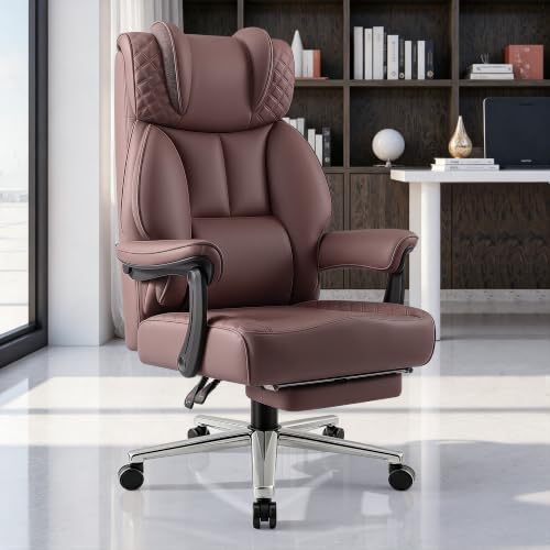 BestGlory Office Desk Chair, Big and Tall Leather Gaming Chair with Footrest, Ergonomic Comfy Executive High-Back Reclining Computer Chairs, Wide Swivel Rolling Wheels and Padded Lumbar Support,Coffee - color: Coffee, style: Freely Reclining