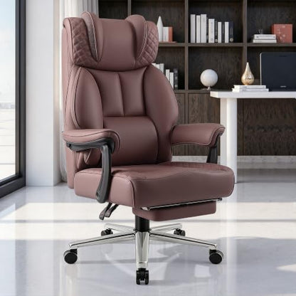 BestGlory Office Desk Chair, Big and Tall Leather Gaming Chair with Footrest, Ergonomic Comfy Executive High-Back Reclining Computer Chairs, Wide Swivel Rolling Wheels and Padded Lumbar Support,Coffee - color: Coffee, style: Freely Reclining