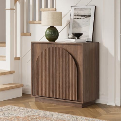 win2win 31.5" Small Buffet Cabinet with Storage, Arched Doors, Walnut, 1PCS | Modern Console Cabinet for Dining Living Room Kitchen Entryway, Modular Accent Cabinet, Credenza with Wood Grain, Fluted - color: Walnut