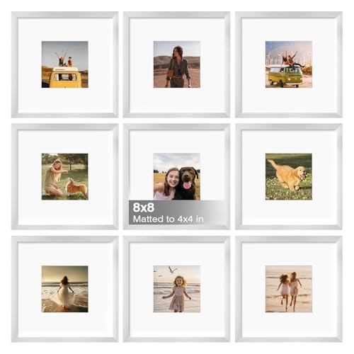 8x8 Frame Set of 9, 8 by 8 Square Picture Frames with Plexiglass for Picture 4x4 with Mat or 8x8 without Mat, Art Collage for Wall Gallery and Tabletop Display, 8 x 8 Photo Frame Silver - color: Silver, size: 8x8