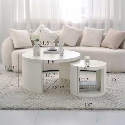 Round Nesting Coffee Table Set of 2, 31.5 & 18 in, Textured White | White nesting coffee table, round coffee tables for living room, 2 in 1 nesting tables, rounded edges, space-saving design - color: Textured White
