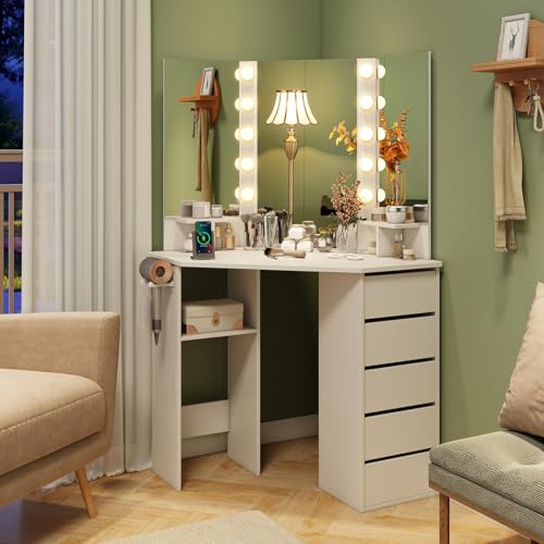 CHARMAID Corner Vanity Desk with Mirror and Lights, White Makeup Vanity Table with 5 Drawers, Storage Shelves, Charging Station, 3 Lighting Modes, Compact Vanity Dressing Table for Small Space