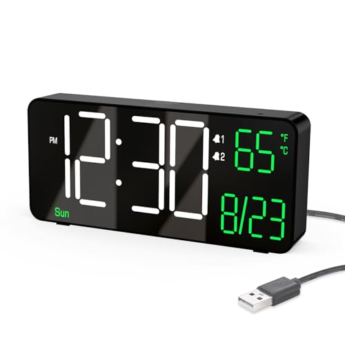 Digital Alarm Clocks for Bedrooms,6.7in Black Small Digital Clock for Bedroom, Auto Dimming,Date,Week,Seconds or Indoor Temperature,Desk Clocks for Living Room,LED Alarm Clock Calendar - color: Black Clock(white + Green Digits)
