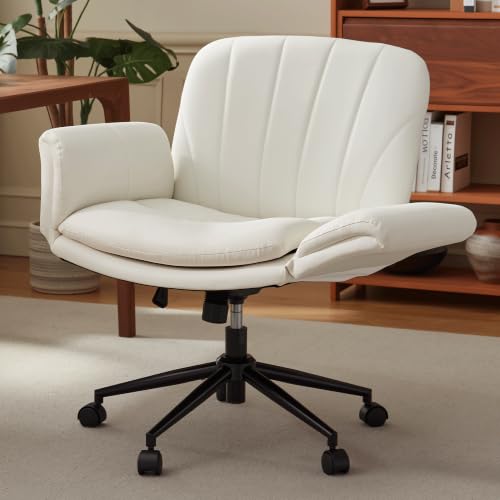 Dowinx Criss Cross Chair with Five-Level Adjustable Arms and Wheels - Comfortable Ergonomic PU Leather Swivel Vanity Chair - Computer Makeup Chair for Home Office, Bedroom, Vanity Room -Milk White - color: Milk White