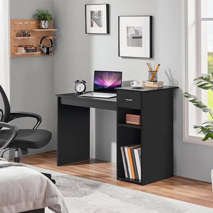 Yaheetech Black Computer Desk and Chair Set with Drawer, Shelves, Mesh Seat | Particle Board and MDF Build a Sturdy Desk with a Drawer and Elevated Platform, Paired with a Mesh Chair for Adults. - color: Black