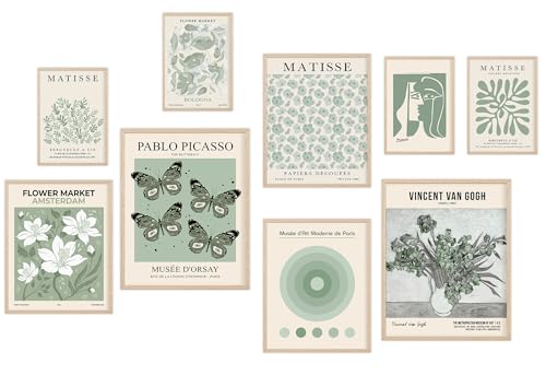 KONGSY Sage Green Wall Art Prints Set of 9, Abstract Matisse Exhibition Posters, Boho Art Prints, Sage Green Wall Decor, Aesthetic Pictures Room Decor for Teen Girls Dorm, Bedroom - color: Sage Green