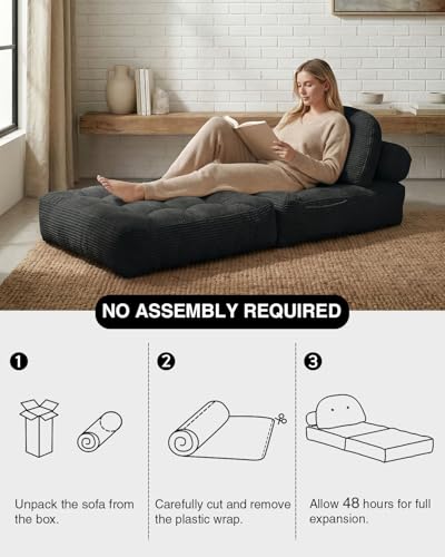 Folding Sofa Bed with Pillow Convertible Sleeper Chair Boneless Foldable Couch Comfy Floor Sofa Lounge Couch Bed for Living Room, Bedroom, Apartment, Black - color: Black