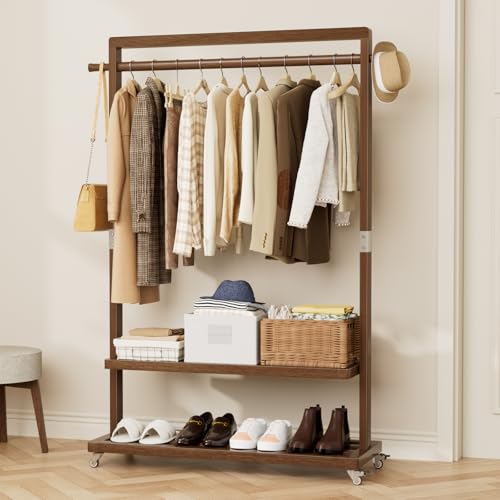 Solid Wood Clothes Rack with Wheels 3-in-1 Garment Rack Extra Long Rod 2 Shelves - size: S-12.6"D x 33.5"W x 66.1"H