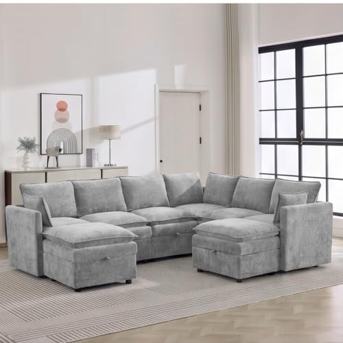 105" Light Grey Modular Storage Sofa, U Shaped Chenille Couch with Ottoman | Oversized Convertible Sectional Sofa, 6-Seat Sectional Couch With 2 Ottomans, Large Cloud Couch For Living Room, Apartment. - color: Light Grey, size: 105"U-Shape Sofa+2ot