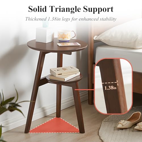 Side Table, 2-Tier Round End Tables Living Room, Mid Century Modern Side Table, Round Nightstand, Oak Accent Table, Small Round Coffee Table, 16.54" Dia.x 23.62" H(Walnut) - color: Walnut