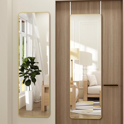 48"x 14" Full Length Door Mirror, Over the Door Mirror, Gold | Aluminum Thin Frame Full Body Mirror, Lean/Hang/Wall-Mount Horizontal or Vertical, for Bedroom, Living Room, Cloakroom - color: Gold-round, size: 48"L x 14"W