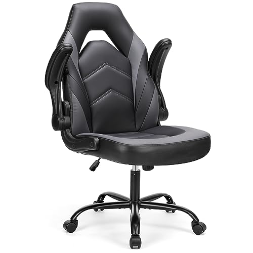 Sweetcrispy Computer Desk Chair, Lumbar Support Video Game Chair PU Leather | PU Leather Flip-up Armrest, Height Adjustable, 360 Swivel for Adults, Black Grey - color: Black Grey