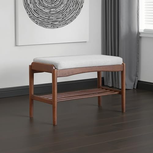 Black Walnut Shoe Bench Assembled, Solid Wood Shoe Rack Bench with Cushion for Entryway, Living Room, Bedroom, Hallway, 11.8" x 31.5" x 16.5" - color: Grey Cushion, size: 31.5"W
