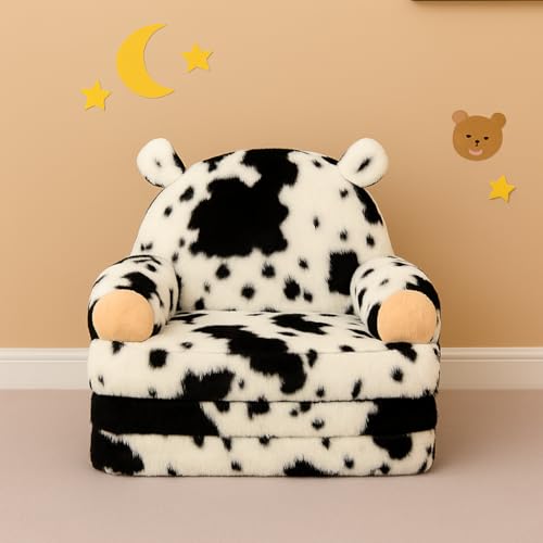 QIUODO Comfy Toddler Couch Chair, 2-in-1 Foldable Kids Sofa | Fold Out Toddler Couch with Faux Rabbit Fur, Soft Kids Sofa for Reading, Bedroom or Playroom Use, Ages 1-3（Cow）