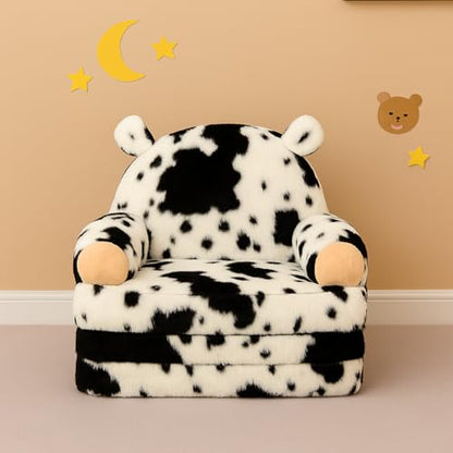 QIUODO Comfy Toddler Couch Chair, 2-in-1 Foldable Kids Sofa | Fold Out Toddler Couch with Faux Rabbit Fur, Soft Kids Sofa for Reading, Bedroom or Playroom Use, Ages 1-3（Cow）