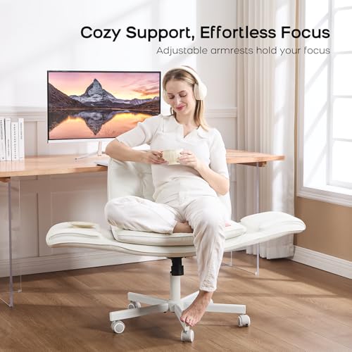 amseatec Criss Cross Office Chair, Swivel Makeup Vanity Chair with Wheels | Wide PU seat supports cross-legged, fidget-friendly sitting; 5-level armrests create pet space; wipe-clean finish eases care - color: White