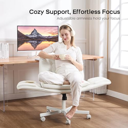 amseatec Criss Cross Office Chair, Swivel Makeup Vanity Chair with Wheels | Wide PU seat supports cross-legged, fidget-friendly sitting; 5-level armrests create pet space; wipe-clean finish eases care - color: White