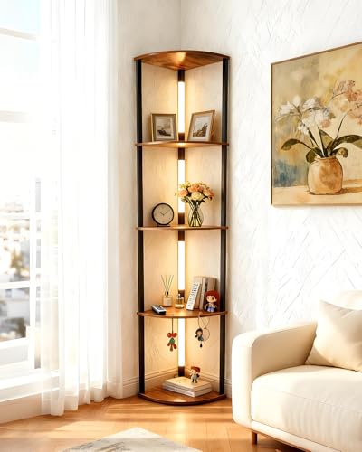 Lightdot Corner Floor Lamps with Shelves, 64Inch 5-Tier Storage Shelf Lamp with Integrated LED Posts/Amber Shelf/Black Frame, Black Display Floor Lamp for Living Room Bedroom/Sofa Beside/Corner Decor - color: 5-Tier-Amber-Black