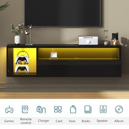 DlandHome 39.3" W Floating TV Stand with LED, Wooden Entertainment Center | Wall-Mounted Media Console, Floating Shelf for Under TV Wall Mount with Storage Shelves for Bedroom Living Room, Black - size: 39.3'' Black