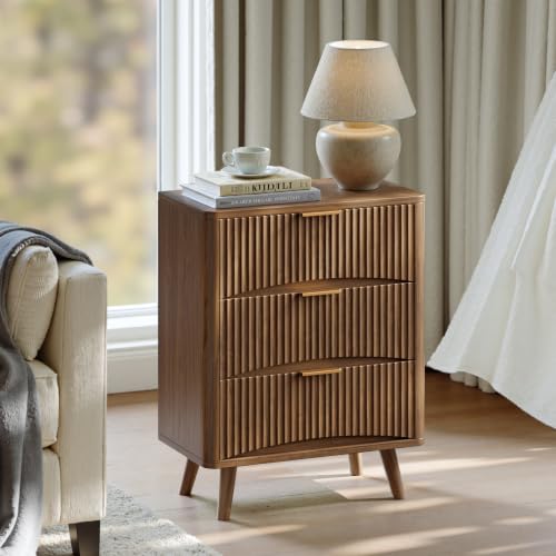 Evermagin 29" Tall Fluted Nightstand Set of 2 with 3 Drawers | Walnut Night Stand, Wooden Bedside Table, Mid Century Modern Side Table for Bedroom, livingroom - color: Walnut, size: 13.78"D x 23.62"W x 29.35"H (3 Drawers)
