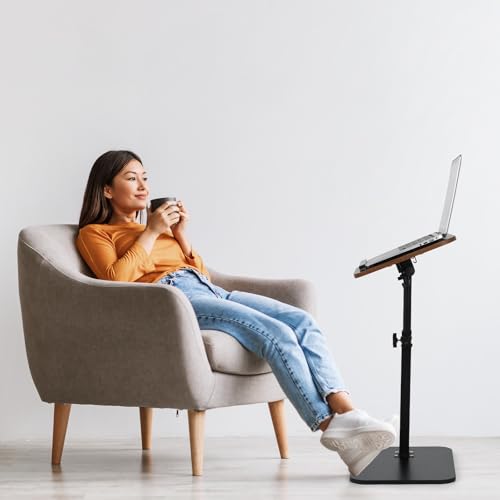 comfoyar C Shaped TV Tray for Couch, Adjustable Height Side Table with 360° Swivel 180° Flip for Small Space, End Table with Slat for Living Room Bedroom Laptop Snack. Walnut - color: Walnut