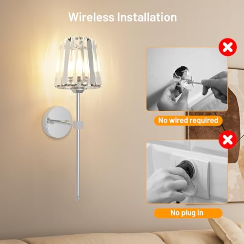 Crystal Battery Operated Wall Sconces Set of 2, Chrome Rechargeable Wireless Wall Lights with Crystal Lampshade, 12 RGB and 3CCT Dimmable Wall Lamps with Remote for Bedroom Living Room Hallway - color: Chrome