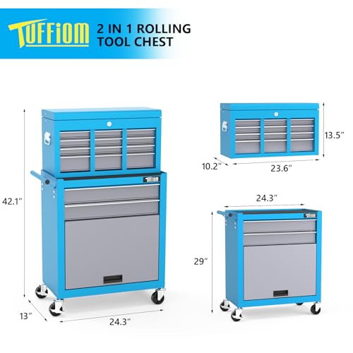 TUFFIOM 8-Drawer Rolling Tool Chest, Tool Storage Cabinet w/Lockable Wheels, Detachable Top, Drawers & Side Hooks, Mechanic Tool Organizer Box for Garage Warehouse Repair Shop - color: Blue, size: 8Drawer