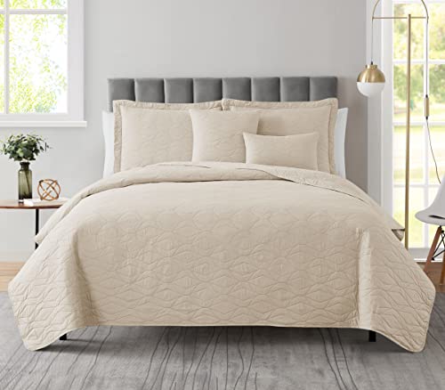 Clara Clark Quilts Queen Size - All Season Bedspread Coverlet Set, Pinsonic Weave Lightweight Bedding Set - 7 Piece Queen Quilt Set with Pillow Shams, Ellipse - Cream - color: 02 - Ellipse - Cream, size: Queen