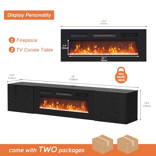 WAMPAT Modern Floating TV Stand with Electric Fireplace, Black | Media Console for TVs up to 80", Wooden Entertainment Center, 36" Fireplace, TV Shelf Cabinet for Living Room or Bedroom