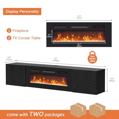 WAMPAT Modern Floating TV Stand with Electric Fireplace, Black | Media Console for TVs up to 80", Wooden Entertainment Center, 36" Fireplace, TV Shelf Cabinet for Living Room or Bedroom