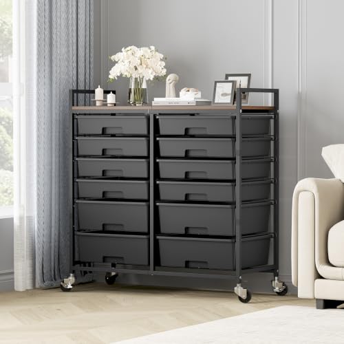 TOOLF 12 Drawers Rolling Storage Cart with Wooden Top for Classroom, Black | Teacher Cart Craft Art Supply Organizer, Utility Cart with Lockable Wheels for Home Household Essentials, Office Organization - color: Black