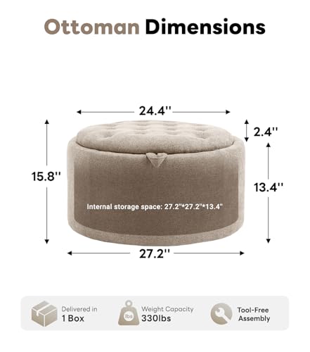 Tbfit Multi-Functional Round Storage Ottoman for Home - No-Assembly Footrest & Seat with Spacious Storage Plush Fabric Design for Living Room, Bedroom, Nursery (Khaki) - color: Khaki