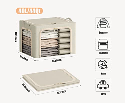 3 Openings Clothes Storage Bins with Metal Frame, Foldable Storage Bin for Clothes, Clothing Storage Bins with Lid, Linen Storage Box With Clear Window＆ Zippers＆ Durable Handles.(3 Pcs ,Beige,40L) - color: Beige, size: Medium-(‎16.5 x 12.6 x 11.8 )inches