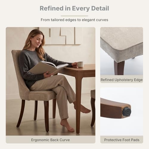 Upholstered Dining Chairs Set of 2, High Back Side Chairs for Kitchen and Dining Room, Mid-Century Modern Fabric Seating with Solid Wood Legs, Beige - color: Beige, size: Set of 2