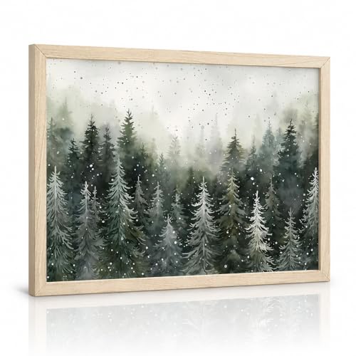Framed Green Pine Forest Wall Art pine tree Canvas Print forest Snow Scene Poster Picture Home Wall Winter Nature Gallery Artwork Painting 12x16 Inch Ready to Hang - color: Winter pine tree, size: 12x16 Inch