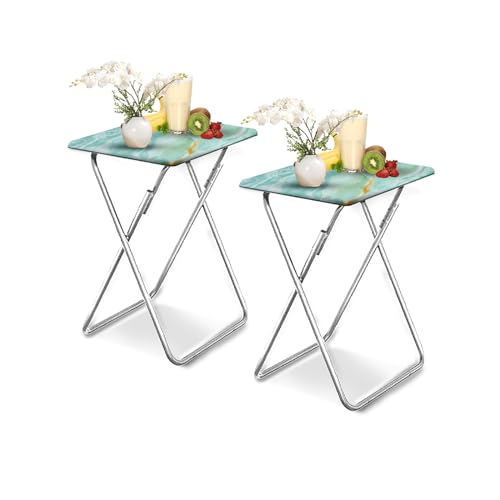 Folding TV Tray Table,TV Dinner Table with Sturdy MDF Top,Eating Trays for Living Room with No Assembly Required, 2PCS (Sea Blue) - color: Sea Blue, size: 2pcs