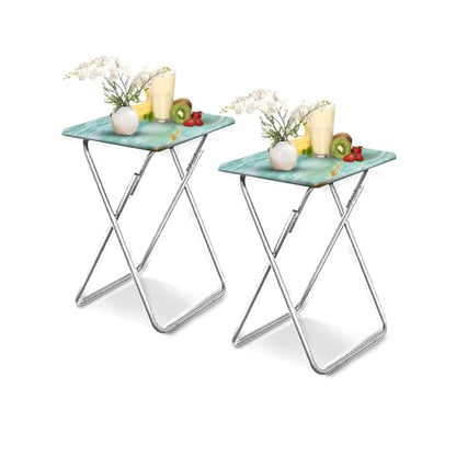 Folding TV Tray Table,TV Dinner Table with Sturdy MDF Top,Eating Trays for Living Room with No Assembly Required, 2PCS (Sea Blue) - color: Sea Blue, size: 2pcs