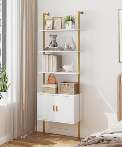 Yusong 73" Tall Bookshelf with Cabinet, Industrial Ladder Wall Mount Shelf Bookcase with Wood and Metal Frame, Plant Shelf Wall Storage Display for Living Room Bedroom, White Gold - color: White