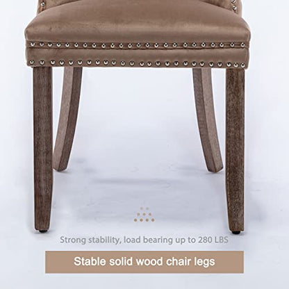 Virabit Velvet Dining Chairs Set of 4, Tufted Upholstered Dining Chairs with Nailhead Back and Ring Pull Trim, Solid Wood Dining Chairs for Kitchen/Bedroom/Dining Room (Khaki) - color: Khaki, size: set of 4