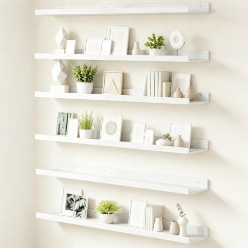 upsimples Floating Shelves for Wall Decor and Storage, White, 6Pcs 47.3'' | Wall Mounted Wood Shelves for Living Room, Bedroom, Kitchen, Office, Hallways Display and Organize Photos - color: White, size: 47.3in
