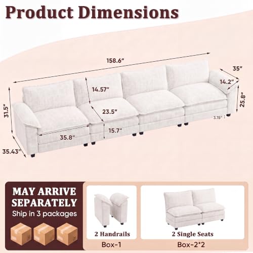 JUMMICO 159" Sectional Couch, Modular Cloud Sofa, White | Comfy Chenille, 4 Deep Seats, High-Density Foam, Double Layer Cushions, Oversized Linear Sofa for Living Room and Apartment - color: White, size: Linear Sofa