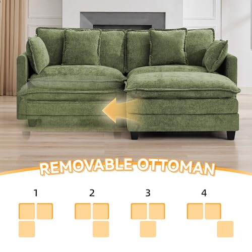 76'' Cloud Deep Seat Loveseat Sofa, Upholstered Chenille Modular 2-Seats Sectional Sofa Couch with Movable Ottoman, Modern Comfy Settee Loveseat for Living Room Set, Small Apartment, Green - color: Green, size: 76'' L Shape