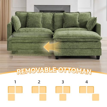 76'' Cloud Deep Seat Loveseat Sofa, Upholstered Chenille Modular 2-Seats Sectional Sofa Couch with Movable Ottoman, Modern Comfy Settee Loveseat for Living Room Set, Small Apartment, Green - color: Green, size: 76'' L Shape