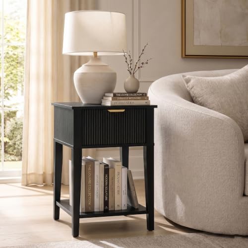 Black 15.4" Wide Small Nightstand with Drawer,Open Shelf,Fluted | Black wood-grain finish, fluted drawer front with gold handle, 11.8-inch slim depth, designer-inspired bedside storage - color: Black