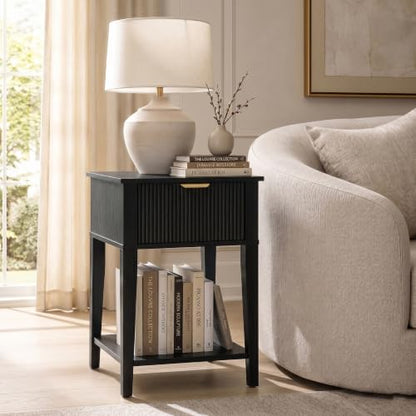 Black 15.4" Wide Small Nightstand with Drawer,Open Shelf,Fluted | Black wood-grain finish, fluted drawer front with gold handle, 11.8-inch slim depth, designer-inspired bedside storage - color: Black