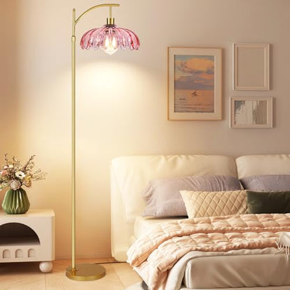 QIYIZM Pink Floor Lamp for Living Room,Bedroom,Gold Dimmable Standing Lamp with Remote,Mid Century Modern Brass Tall Lamp Boho Floor Lamps Arc Stained Glass Flower Floor Light Lamp Girls kids Bohemian - size: 22-Floor Lamp
